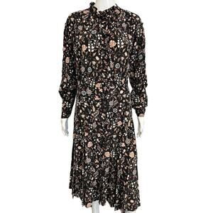 FRAME Black Silk Printed Floral Pleated Ruffle Front Midi Dress Size S